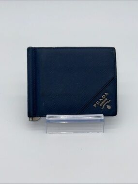 Prada Navy Saffiano Leather Money Clip Wallet with Gold Logo